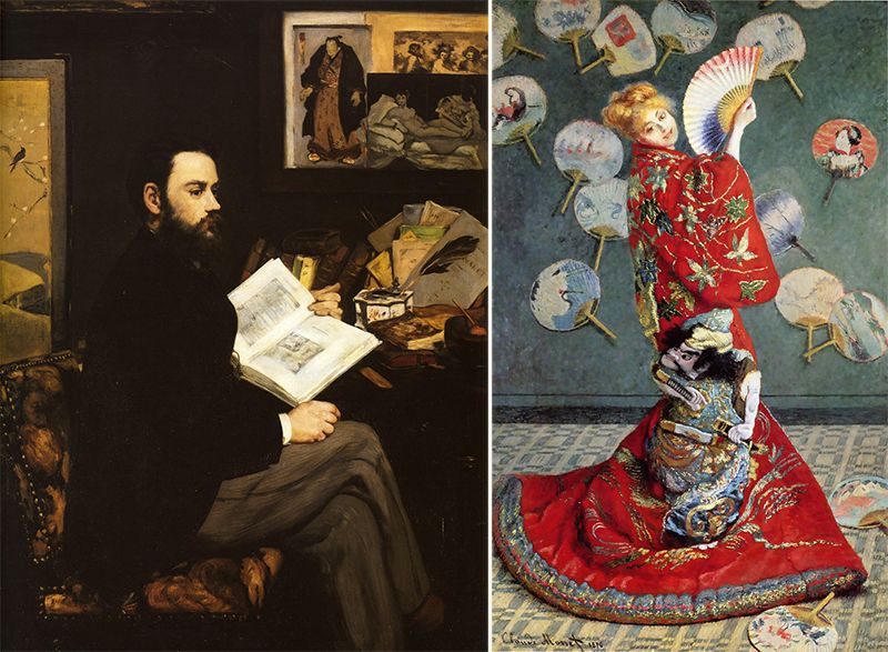 Emile Zola’s portrait by Edouard Manet, 1868, Musée d’Orsay. The Japanese woman by Claude Monet, 1876, Museum of Fine Arts, Boston. Both impressionist French masters deal with explicit Japanese references in these paintings.