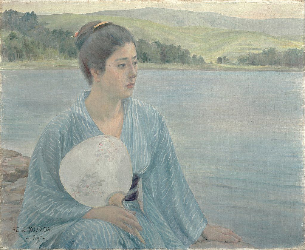 Lake Shore by Kuroda Seiki, a pure example of the Yoga style (literally “Western-style painting”), appeared during the Meiji period. 