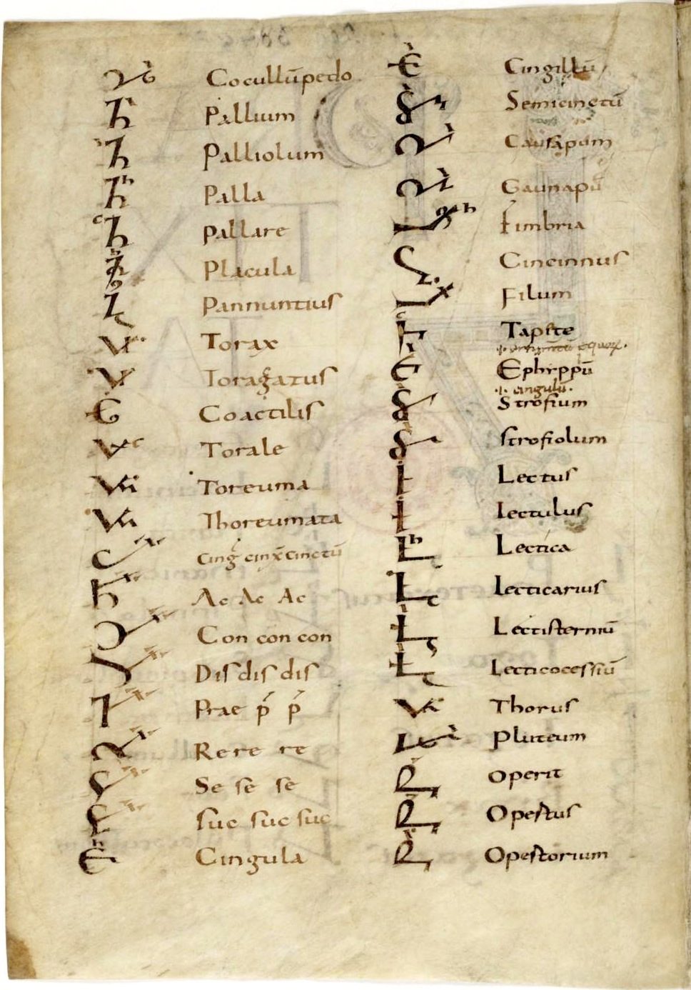 First page of the Commentarii notarum tironianarum (AD 800-850), detailing on two columns the tironian notes (left) and their meaning (right).